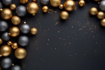 Christmas decorations on dark background. Golden and black balls, decorations, confetti.  Xmas greeting card template. Happy New Year banner mockup