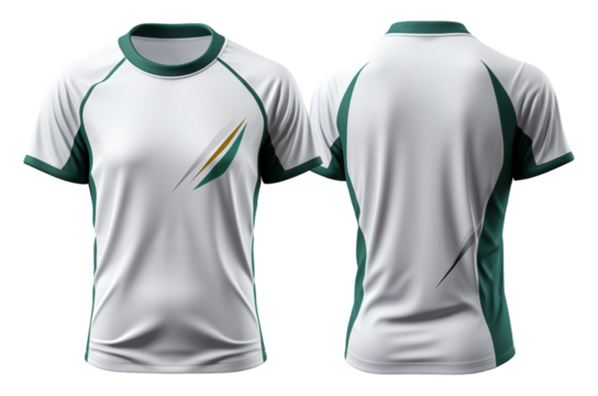 Green pattern white sports jersey mockup with front and back view isolated on transparent background, generative ai