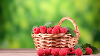 Fototapeta na wymiar raspberries in a basket, Wicker basket with tasty ripe raspberries and leaves on wooden table against blurred green background