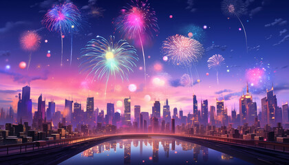 AI-generated cityscape at night with dramatic fireworks to celebrate the new year.