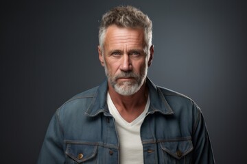 Portrait of a content man in his 50s sporting a rugged denim jacket against a soft gray background....