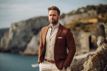 Portrait of a satisfied man in his 30s wearing a chic cardigan against a rocky cliff background. AI Generation