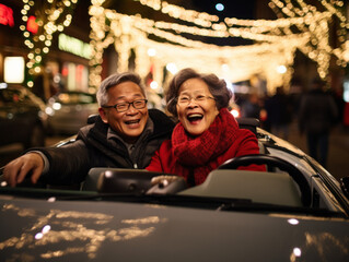 A couple in a convertible on Christmas Eve - obrazy, fototapety, plakaty