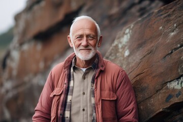 Portrait of a glad man in his 80s wearing a comfy flannel shirt against a rocky cliff background. AI Generation