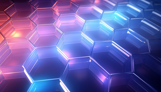 Minimalistic wallpaper of translucent colorful hexagon honeycomb shape pattern. 3d rendering with dramatic lighting.