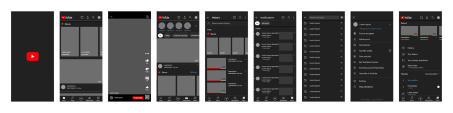 YouTube Mobile Interface. You Tube Screen Social Media, Video Hosting Interface Template. Homepage, Logo, Recommendations, Subscription, Profile. Dark Theme. Editorial Illustration