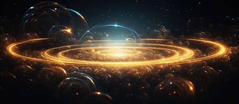 In the background of the abstract design the fusion of technology art and illustration gave birth to a compelling concept the energy of a circular random swarm creating trails of glowing ef