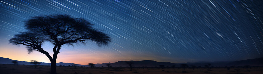 A tranquil desert landscape with dazzling stars in a clear sky, 32:9 ratio