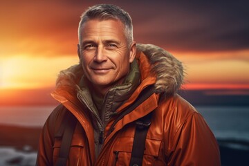 Portrait of a grinning man in his 50s wearing a warm parka against a stunning sunset beach background. AI Generation