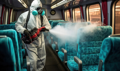 un homme en blouse de protection intégrale vaporise un produit sous forme de vapeur sur les sièges d'un métro
