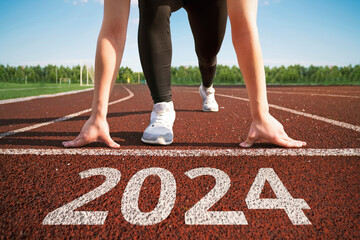happy new year 2024. concept of starting a business or career in the new year. woman preparing for running. beginning of the 2024 year. transition to new level concept. hope and expectation in 2024. - obrazy, fototapety, plakaty