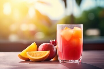 close up of a glass cup of fruits juice on table - healthy food concept