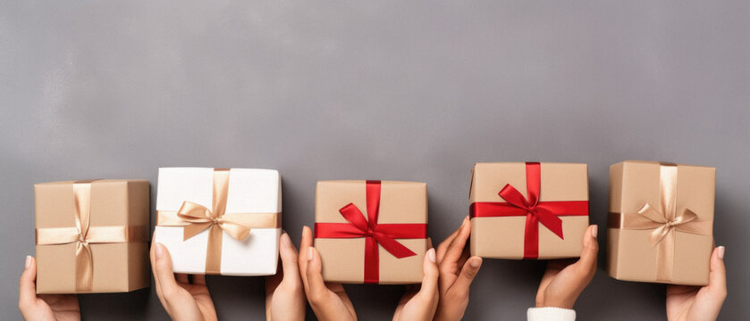 Female hands holding gift boxes on grey background, top view with copy space.