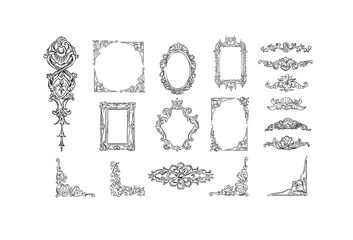 Hand drawn vector abstract outline,graphic,line vintage baroque ornament floral borders set in minimalistic modern style.Baroque floral vintage outline design concept.Vector antique corner isolated.