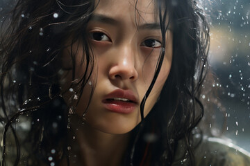 Close-up portrait of an intricate Korean woman in rain