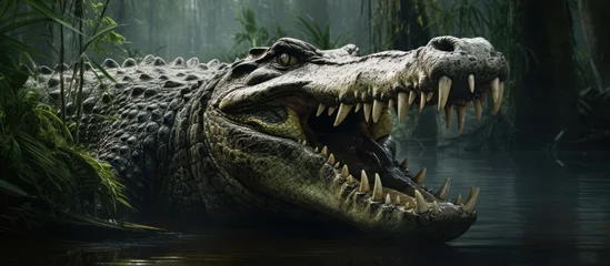Poster In the captivating Daintree rainforest of Tropical Australia an adventurous adult wandered near the muddy banks of Queensland only to be confronted by a formidable saltwater crocodile with  © TheWaterMeloonProjec