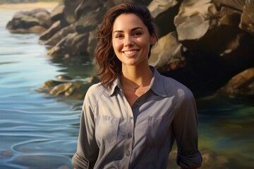 Portrait of a grinning woman in her 30s sporting a vented fishing shirt against a peaceful tide pool background. AI Generation - obrazy, fototapety, plakaty