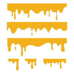 Dripping honey set elements isolated on white background. Honey liquid drips Vector illustration. Golden flow syrup, healthy fluid.