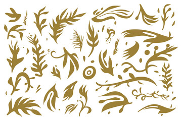 Elegant Gold Floral Silhouette Set. Botanical set sketch flowers branches and leaves