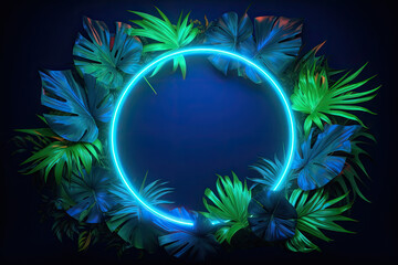 Fototapeta na wymiar Green and Blue Neon circle Light with Tropical Leaves, tropical island with palm trees, copy space