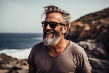 Portrait of a grinning man in his 50s wearing a trendy sunglasses against a rocky shoreline background. AI Generation - obrazy, fototapety, plakaty