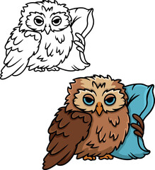 Sleepy Cartoon owl with pillow