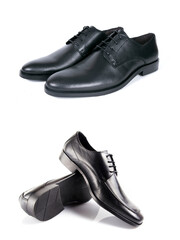 Detail group of brown shoes isolated on white background.