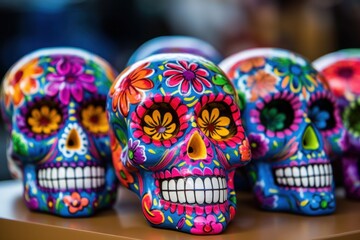 chromatic and decorated skulls in the style of mexican holidays - Hispanic heritage sugar skull marigold Festive