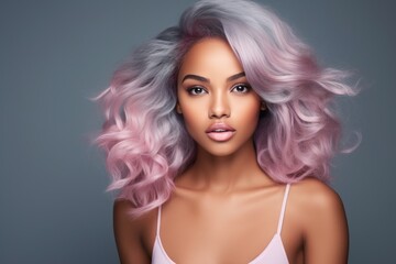 Fototapeta premium Portrait of beautiful african american woman with colorful hair. AI Generated