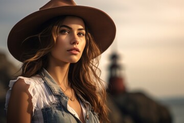 Portrait of a glad woman in her 20s wearing a rugged cowboy hat against a majestic lighthouse on a cliff background. AI Generation