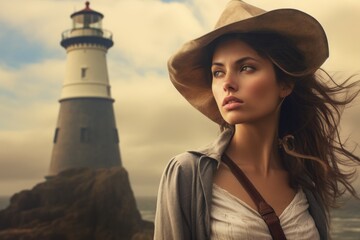 Portrait of a glad woman in her 20s wearing a rugged cowboy hat against a majestic lighthouse on a...