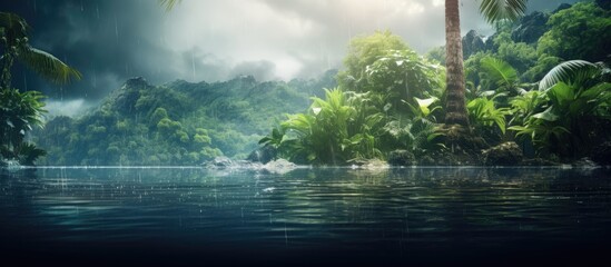 In the background a lush tropical paradise emerged with vibrant green foliage swaying in the spring breeze complementing the natural beauty of the waters pristine surface The texture of rai - obrazy, fototapety, plakaty