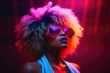 portrait of young african american woman in neon light. AI Generated