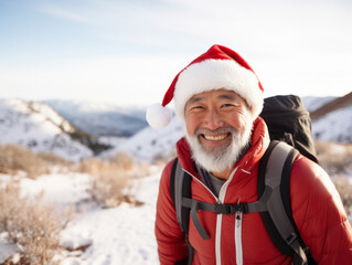Fototapeta premium Wearing a Christmas hat to climb a mountain