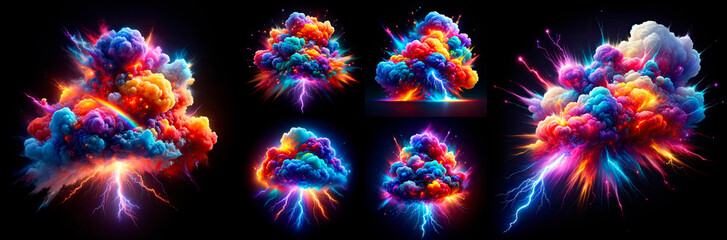 colorful explosions with dynamic lightning and a whimsical rainbow, set against a dark backdrop