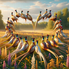 A photorealistic image of pheasants forming a heart shape in a meadow - obrazy, fototapety, plakaty