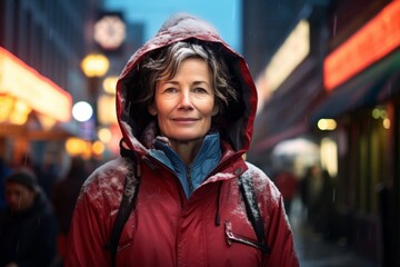 Portrait of a content woman in her 50s wearing a warm parka against a vibrant market street...