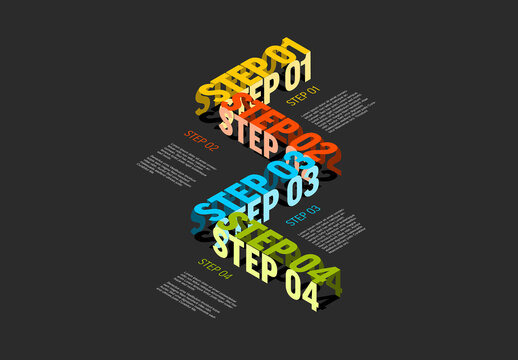 Four color isometry steps elements template on dark background