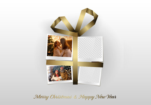 Christmas light family photo card layout template in the shape of christmas present