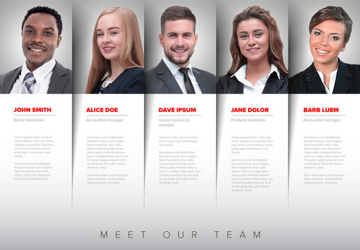 White Company team presentation template with team member profiles in light columns