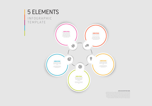 Light five circle elements template with white cards colorful borders icons and description