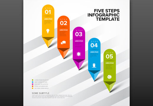 Simple light infographic with title and five diagonal steps on solid arrows