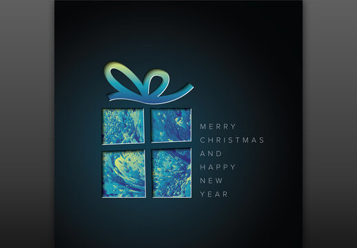Christmas dark card with colorful christmas present box card cut from paper with blue green accent