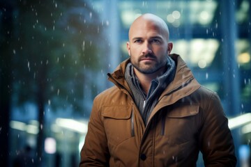 Portrait of a blissful man in his 30s wearing a warm parka against a sophisticated corporate office background. AI Generation