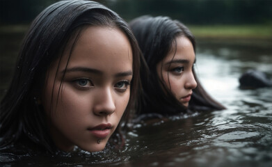 Fototapeta premium girls having fun with friends and family with a ball in the river