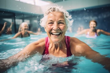 Active senior women enjoy an aqua fit class in a pool, exuding joy and camaraderie while embodying...