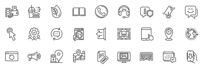 Icons pack as Map, Sign out and Photo thumbnail line icons for app include Shield, Update comments, Teamwork outline thin icon web set. Binary code, Cursor, Book pictogram. Map outline sign. Vector