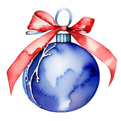 Świąteczna niebieska bombka z czerwoną kokardą dekoracja - obrazy, fototapety, plakaty