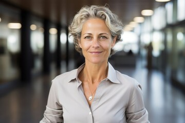 Portrait of a blissful woman in her 50s wearing a simple cotton shirt against a sophisticated corporate office background. AI Generation