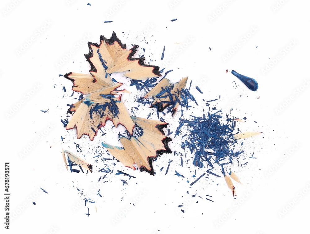 Wall mural Blue pencil tip shavings from sharpener isolated on white background and texture, top view
